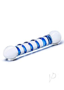 Glas Spiral Glass Textured Dildo 6.5 Inch Clear Blue with raised blue spirals and smooth ergonomic design.