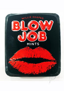 Blow Job Mints Willie Shaped Novelty Candy packaging featuring red lips and playful design.