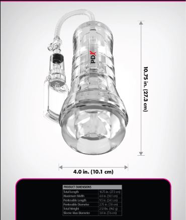PDX Elite ViewTube Vac XXL Pump See-Thru EZ-Grip Pump Stroker Clear features clear design and precise dimensions.