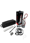 Bathmate HydroXtreme5 Penis Pump Clear with accessories including a handball, carry bag, and instruction manual.