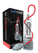Bathmate HydroXtreme7 Penis Pump Clear with handball, packaging, and water-based pressure design.