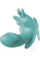 The Butterfly Effect Silicone Dual Motor Vibrator Teal with butterfly wings and insertable shaft for dual stimulation.