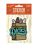 Eat a Bag of Dicks Sticker displayed in packaging featuring a humorous design with colorful graphics.