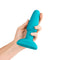 b-Vibe Rimming 2 Rotating and Vibrating Remote Control Plug Teal in hand showcasing its sleek design.