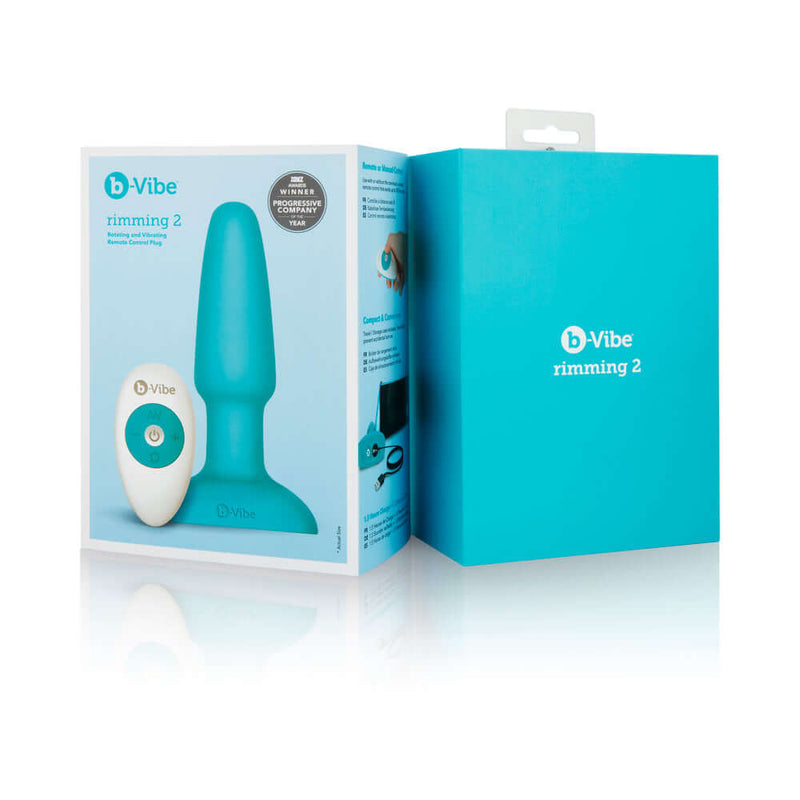 b-Vibe Rimming 2 Rotating and Vibrating Remote Control Plug Teal packaging and toy displayed together.