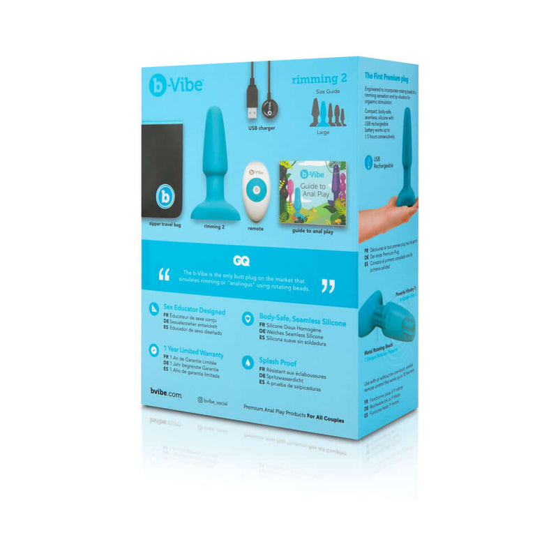 b-Vibe Rimming 2 Rotating and Vibrating Remote Control Plug Teal packaging and accessories.