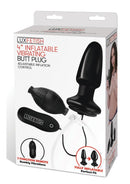Lux Fetish 4 Inch Inflatable Vibrating Butt Plug Black packaging, showcasing adjustable inflation and remote control.