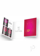 Kama Sutra Naughty Notes Yes To Love Greeting Card open with playful messages and romance essentials inside.