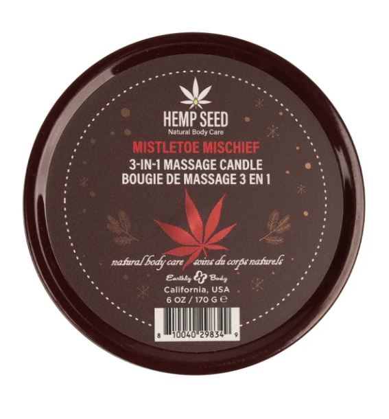 Earthly Body Hemp Seed 3-in-1 Massage Candle Mistletoe Mischief 6 Oz packaging featuring natural body care design.
