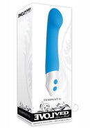 Evolved Tempest G Silicone G-Spot Vibrator Blue and White packaging with a smooth surface and control buttons.