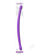 Classix Double Whammy 17.25 Inch Double Dildo Purple displayed in packaging, showcasing its flexible design.