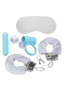 Pleasure Kits Honeymoon Collection featuring interactive accessories for couples, including cuffs, a blindfold, and stimulating items.