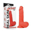 Get Lucky Real Skin Mr Ruby 7.5 Inch Dual Layer Dildo Red in packaging beside the realistic design of the product.