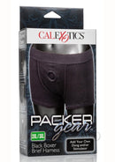 Packer Gear Boxer Brief Harness 2XL/3XL Black packaging showcasing its discreet design and versatile function for packing and play.