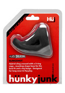 Hunkyjunk Slingshot Silicone 3 Ring Teardrop Cock Ring Black packaging featuring ergonomic design and multi-ring support.