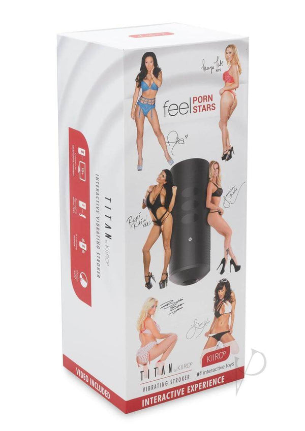 Titan by Kiiroo handheld stroker packaging featuring porn stars, highlighting interactive pleasure and touch-sensitive technology.