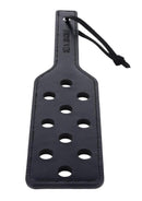 Sex & Mischief Shadow Paddle Black with holes and strap design, perfect for impact play and stylish bondage equipment.