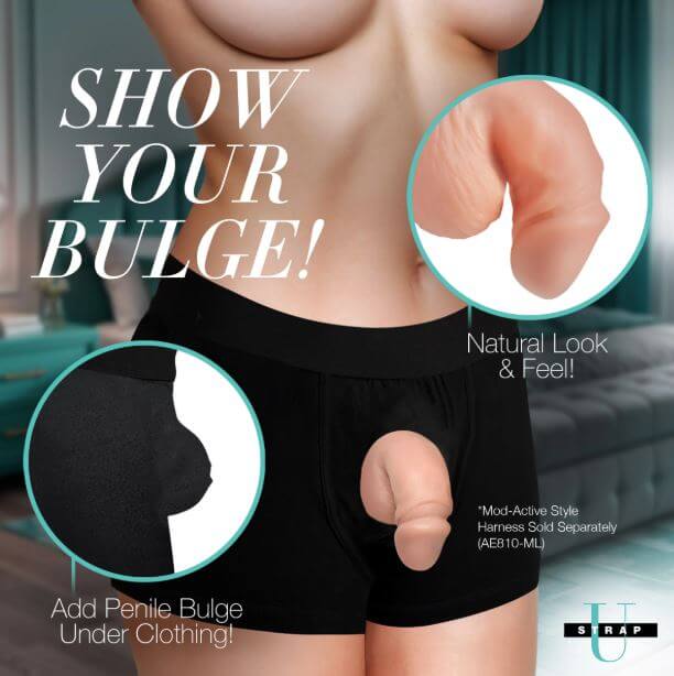 Strap U Packer Silicone 3.6 inches Dildo Vanilla shown under clothing to create a natural bulge.