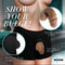 Strap U Packer Silicone 3.6 inches Dildo Caramel showing natural bulge under black boxer shorts.