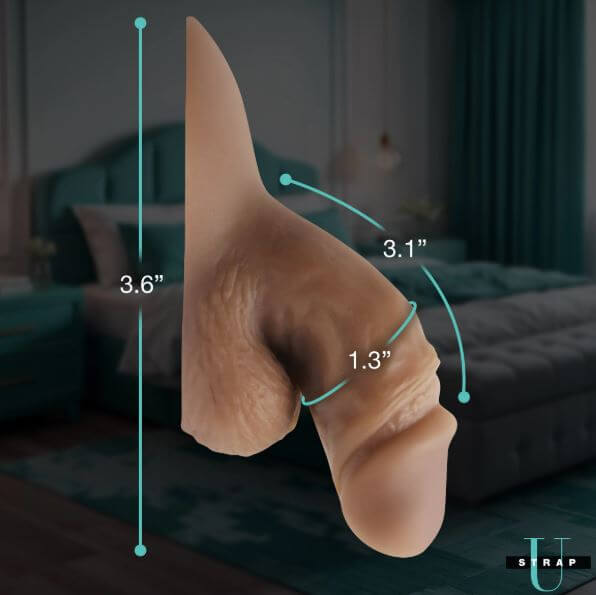 Strap U Packer Silicone 3.6 inches Dildo Caramel with dimensions 3.6 inches, 3.1 inches, and 1.3 inches.
