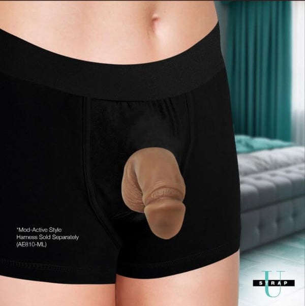 Strap U Packer Silicone 3.6 inches Dildo Caramel shown in black briefs for a natural packing experience.