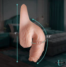Strap U Uncut Packer Silicone 5.1 inches Dildo Vanilla size dimensions on a bed background.