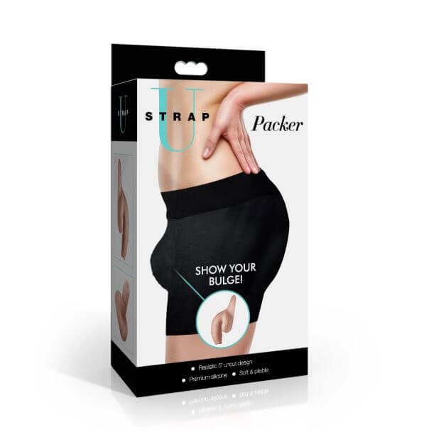 Strap U Uncut Packer Silicone 5.1 inches Dildo Vanilla packaging showing realistic design and bulge.