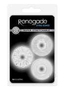Renegade Dyno Rings Stretchable Cock Ring Set of 3 Clear packaging featuring three stretchable cock rings.