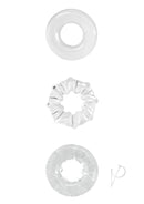 Renegade Dyno Rings Stretchable Cock Ring Set of 3 Clear featuring three clear rings in different styles.