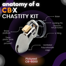 Anatomy of a CB-X Chastity Kit, featuring a brass padlock, locking pin, U-ring, and ventilated polycarbonate cage.