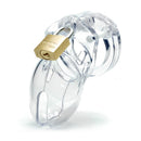 CB-6000S Clear Male Chastity Device with a padlock, showcasing its secure and discreet design.