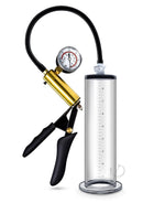 Performance VX6 9.5 Inch Vacuum Penis Pump Clear with brass pistol pump and vacuum gauge.
