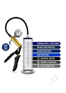 Performance VX6 9.5 Inch Vacuum Penis Pump Clear with brass pump, gauge, and clear cylinder.