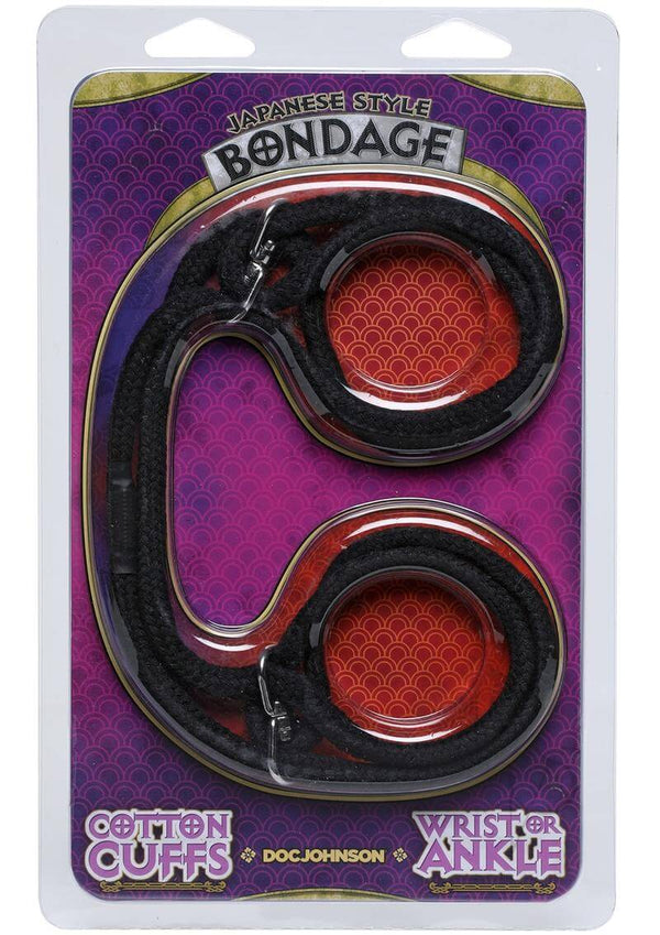 Japanese style bondage cuffs in black, designed for wrists or ankles, featuring a slip-ring design for easy use.