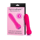 FemmeFunn Ultra Bullet Massager Rechargeable Silicone Pink in packaging showcasing its sleek design and features.