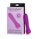 FemmeFunn Ultra Bullet Massager Rechargeable Silicone Purple packaging with massager and product details.