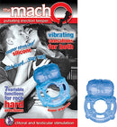 The Macho Pulsating Erection Vibrating Cock Ring Blue on product packaging with vibrant colors and stimulating features.