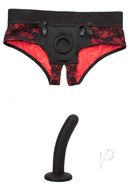 Scandal Crotchless Pegging Panty Set S/M Black with sexy harness and silicone probe for adventurous couples.