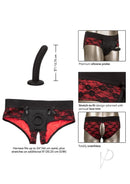 Scandal Crotchless Pegging Panty Set S/M Black showing silicone probe and lace trim details on shadow mannequin.