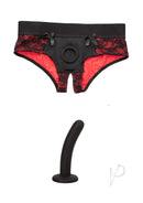 Scandal Crotchless Pegging Panty Set Large/Extra Large Black, featuring lace trim and silicone probe for partnered play.