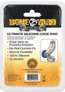 Boneyard Ultimate Silicone Cock Ring 2 Inch Blue packaging featuring dimensions and features for enhanced performance.