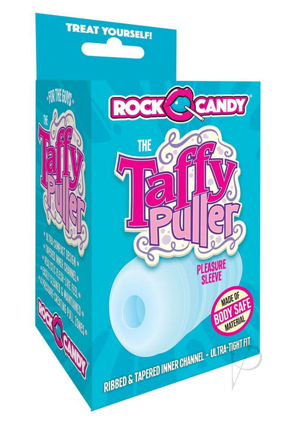 Rock Candy Taffy Puller Masturbator Blue product packaging showcasing pleasure sleeve features.