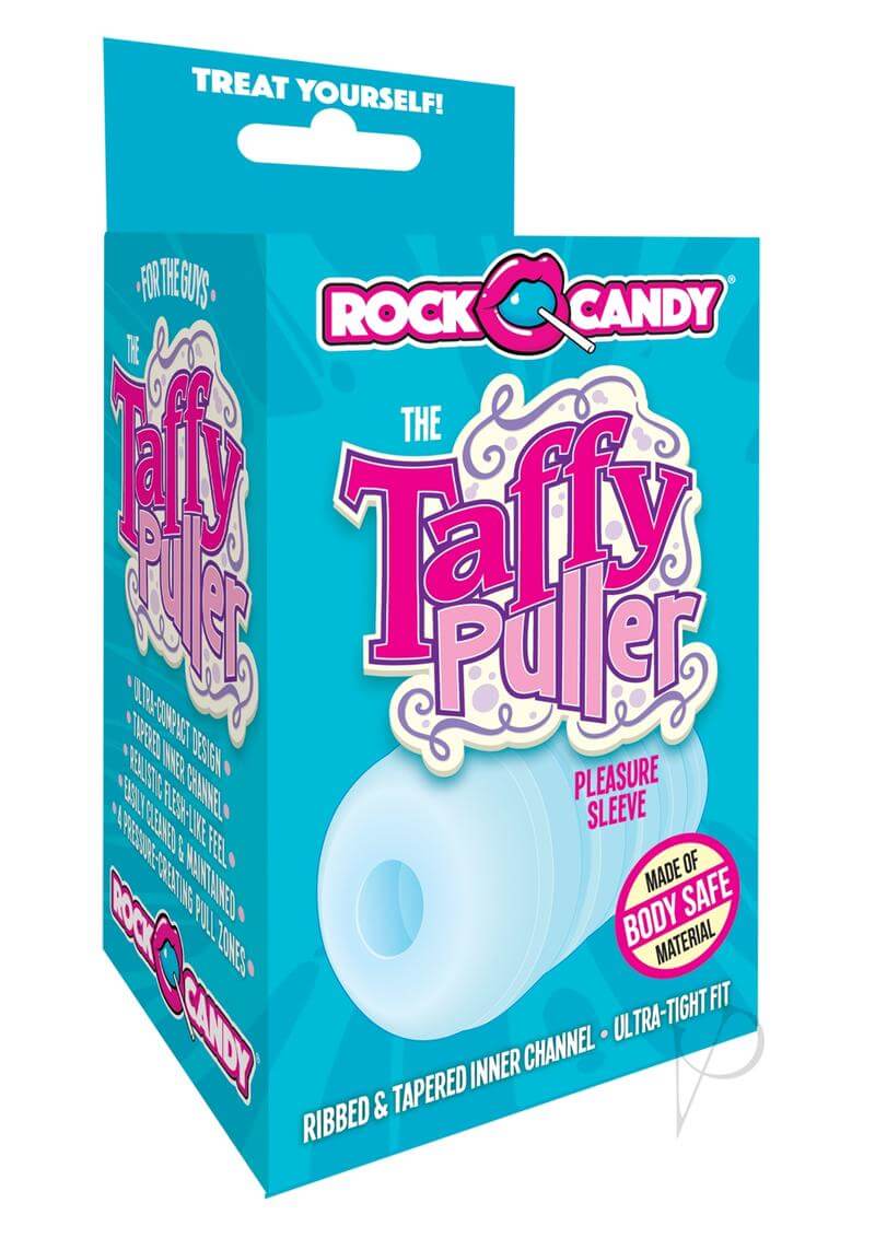 Rock Candy Taffy Puller Masturbator Blue product packaging showcasing pleasure sleeve features.