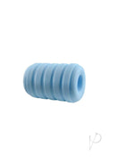 Rock Candy Taffy Puller Masturbator Blue on white background, featuring a ribbed texture for enhanced stimulation.