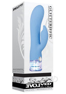 Evolved Glitteriffic Silicone Light-Up Rabbit Vibrator Aqua in packaging showcasing its design and features.