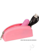 PowerBullet Silicone Storage Bag with Zipper Pink holding a bullet vibrator and USB cable.