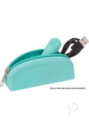 PowerBullet Silicone Storage Bag with Zipper Teal storing a bullet and USB cable for added convenience.