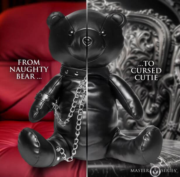 Master Series BDSM Bear Backpack Black showcasing a plush bear in bondage gear with a contrasting background.