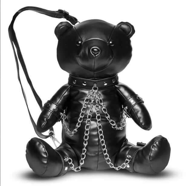 Master Series BDSM Bear Backpack Black featuring a plush black bear in bondage gear with chains.