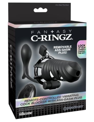 Fantasy C Ringz Vibrating Cock Blocker with Ass Gasm Plug packaging showcasing remote-controlled features.